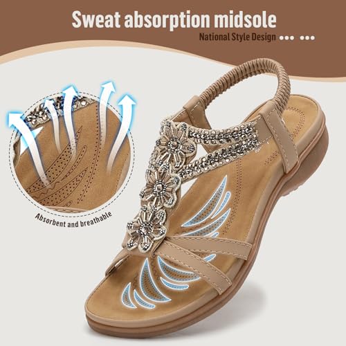 Littleplum Women's Flowers Arch Support Sandals Summer Fashion Non-Slip Beach Comfort Walking Bohemian Flat Sandals