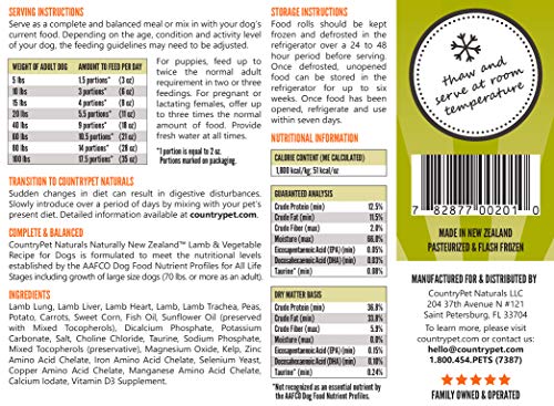CountryPet Naturals Pasteurized Frozen Dog Food, 1.5 lbs, Lamb and Vegetable Recipe, 16 Rolls (24 lbs Total), Made in New Zealand