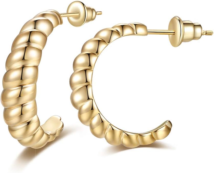 Croissant Dome Hoop Earrings,14K Gold Plated Lightweight Chunky Twisted