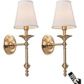 KEFA Rechargeable Battery Operated Wall Sconces with Remotes & Bulbs, American Antique Brass Fabric Shade Battery Powered Wal