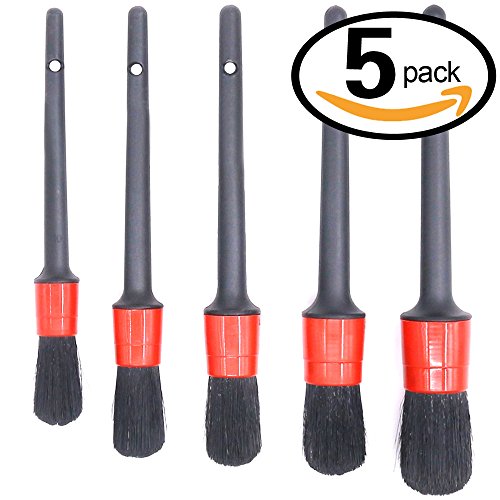 Swpeet 5 Pcs Premium Natural Boar Hair Detail Brush Set, Automotive Detailing Brushes for Cleaning Wheels / Engine / Interior / Emblems / Interior / Exterior / Air Vents