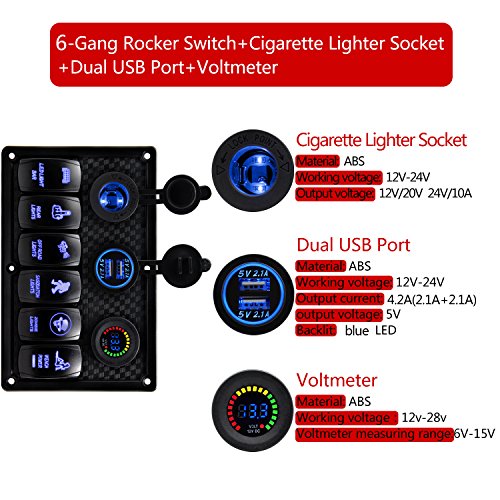 FXC Waterproof Marine Boat Rocker Switch Panel 6 Gang with 4.2A Dual USB Slot Socket + Cigarette Lighter + Voltage Monitor Alarm LED Light for Car Rv Vehicles Truck