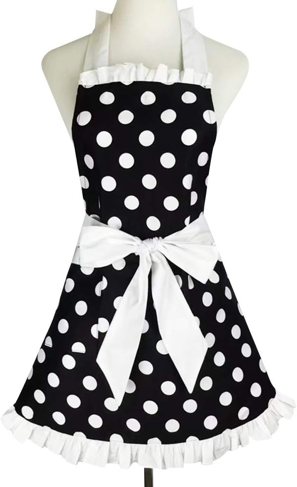 Floosum Lovely Polka Dot Retro Ruffle Side Sexy Cute Lady's Kitchen Cooking Apron with Pocket Gift for Women Girls Chef Housewarming, White