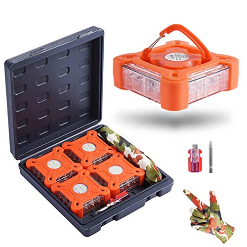 SlimK LED Car Flares Road Emergency Safety Disc Roadside Flasher Square Upgraded Version Dual Button Instant Off 4 Packs with Storage Box