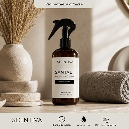 SCENTIVA Room Spray Santal 250 ml | Aromatizante Premium para Hogar y Telas | Fragancia Suiza Amaderada con Almizcle y Ámbar | Spray Ambiental para Sala, Recámara, Baño y Oficina (Santal)