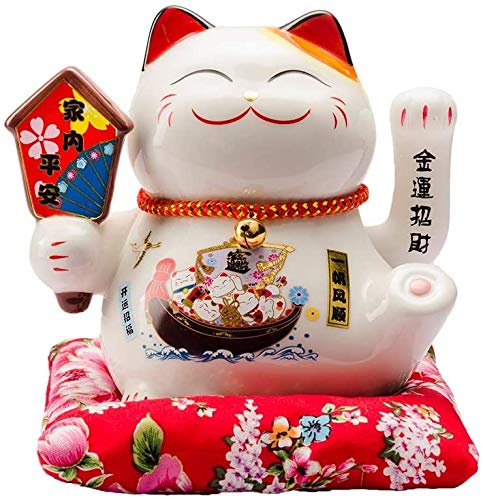 Mkuha Chinese Feng Shui Porcelain White Lucky Waving Cat Figure With Moving Arm Ceramic Maneki Neko Waving Fortune Cat Statuette for Home Office and Shop Decoration 16x14x16cm/6.3x5.5x6.3inch, A