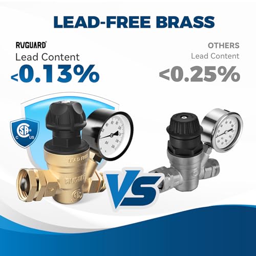 RVGUARD RV Water Pressure Regulator Valve With An Adjustable Knob, Tool-Free, CSA Approved, Lead-Free Brass Water Pressure Reducer with Gauge and Inlet Screen Filter for RV Camper Travel Trailer