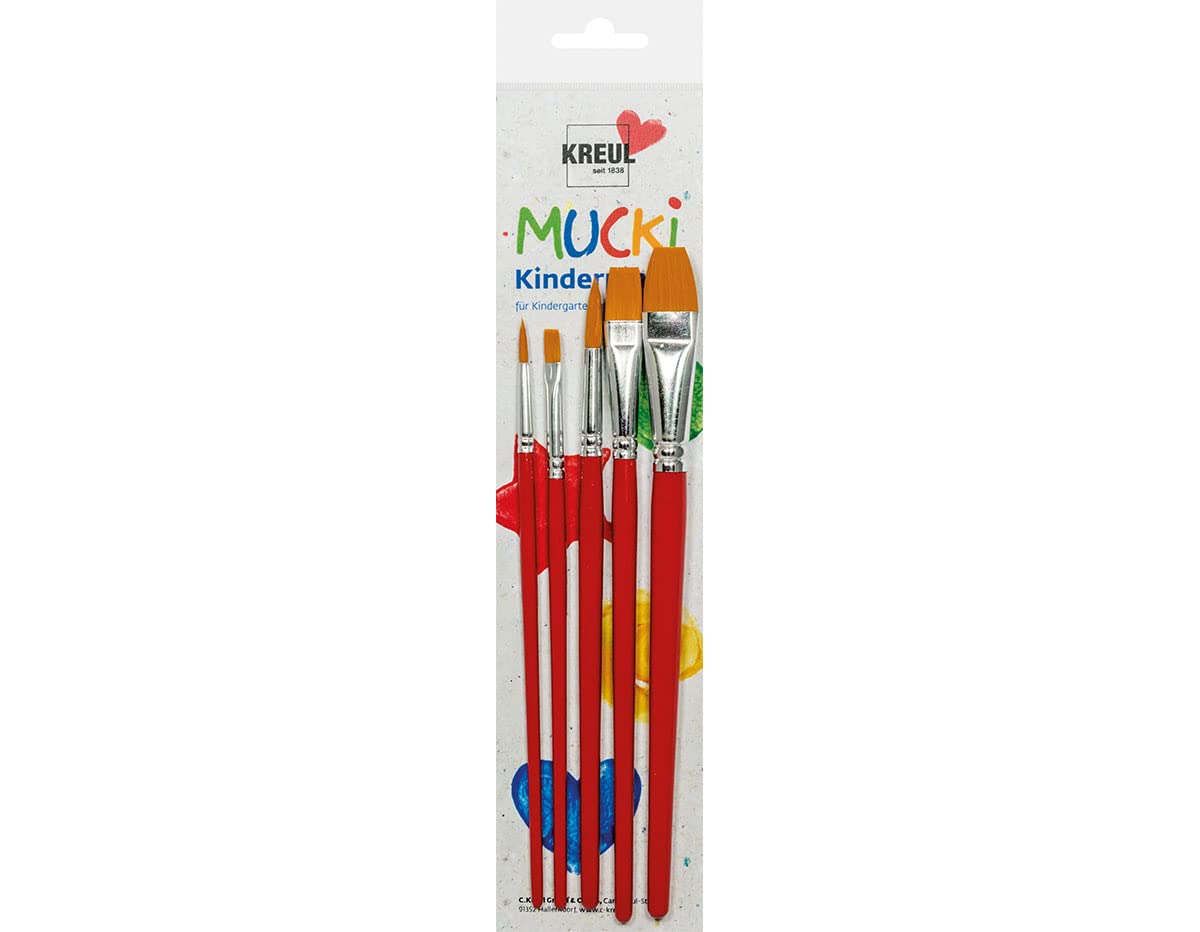 Kreul Mucki 553030 Children's Brush Set for Nursery, School and Leisure, Very Elastic and Durable, 3 Flat Brushes in Size 6, 12 and 16 and 2 Round Brushes in Sizes 4 and 8