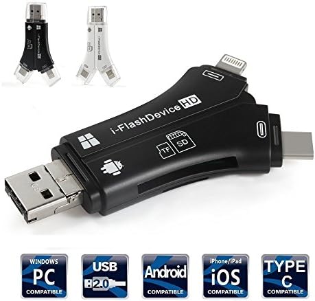 Card Reader, 4 in 1 SD Card Adapter, Memory Card Reader with Micro USB/ Type C/ Lightning/ USB Connector for iPhone, iPad, Mac, Android, Trail and Game Camera Viewer for SD/TF Card