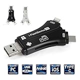Card Reader, 4 in 1 SD Card Adapter, Memory Card Reader with Micro USB/ Type C/ Lightning/ USB Connector for iPhone, iPad, Mac, Android, Trail and Game Camera Viewer for SD/TF Card