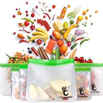 5 Reusable Storage Bags Extra Thick + Free Baggy Rack - Reusable Ziplock Bags Perfect for Food Storage, Snacks or Veggies-Premium Leak-Free Baggies for Travel or Make Up - Eco Friendly Large pack