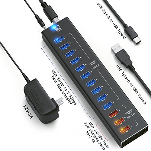 USB Hub Powered - Multi Port USB Hub with 10 USB 3.0 Ports, 3 Charging Ports, Cords C and A, Power Adapter - Black - by Latorice