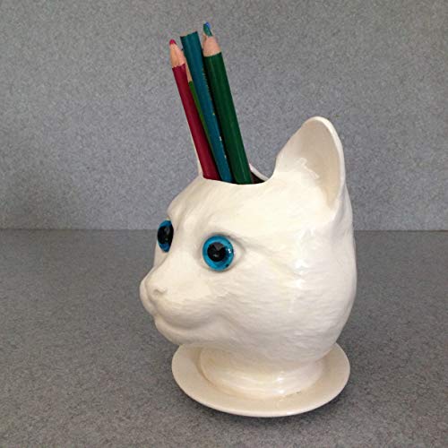 Handmade White Ceramic pot Succulent herb pot, Glass Blue Eyes, New Cat Doll head ceramic planter on saucer with drain holes Toothbrush or, desktop pencil holder