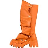 sexytag Women's Platform Slouchy Fold Over Boots Mid Calf Block Heel Round Toe Western Pull on Fashion Boot