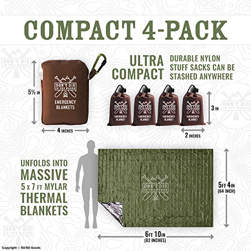 Don't Die In The Woods World's Toughest Emergency Blankets | 4 Pack Extra Large Thermal Mylar Foil Space Blanket for Hiking, Marathon Running, First Aid Kits, Outdoor Survival Gear | Green - Thumbnail 2