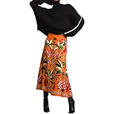 THLAI Womens Skirt Midi Skirt Tropical Plant Print Pink Zipper A-Line Long Skirts Spring Summer Skirt Floral