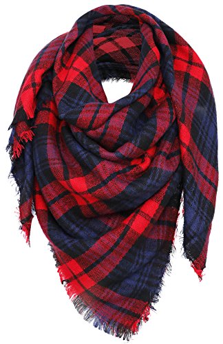 Simplicity Women's Large Pashmina Plaid Fringe Scarf, Red Dark Blue
