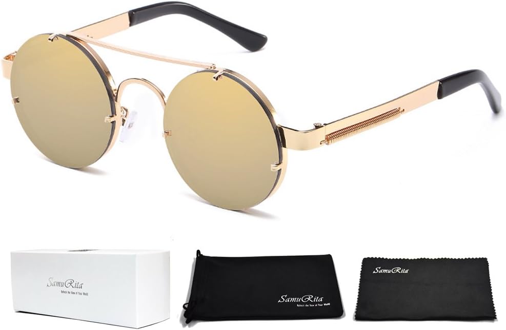 SamuRita Spring Temple Rimless Oversized Punk Round Sunglasses