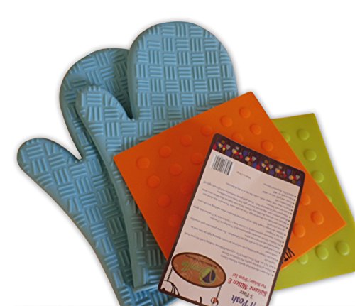 A Posh 3 Piece Silicone Set. Silicone Trivet and Potholders. Oven Mitten. Most Asked For Silicone Mitten and Trivet Combination. By Vitaville, The Bistro Line Collection.