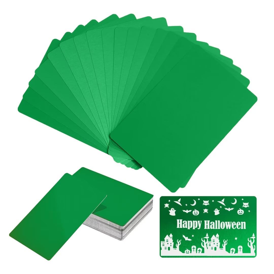 FONLAND 50pcs/Set 0.4mm Thickness Aluminum Metal Business Cards DIY Engraving Card Home Office Supplies Aluminum Blank Laser Blanks for Engraving(Green)