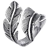 KONOV Mens Womens Stainless Steel Ring, Vintage Feather, Black