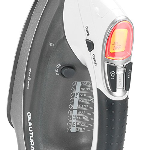 Beautural 1800 Watt Variable Temperature and Steam Iron with LCD Display, Double Ceramic Coated Soleplate, 6.2ft Power Cord and 340ML Tank-White/Grey