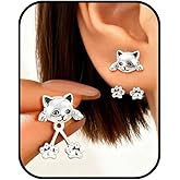 Cute Funny Kitten Cat Earrings for Women Weird Silver Studs Earring Modern Dainty Compact Unique Design Animal Earrings Jewelry Gifts for Women