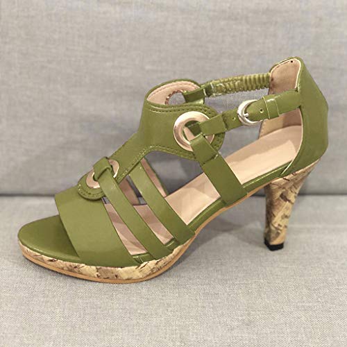 Sunhusing Women's Solid Color Metal Buckle Elastic Band Buckle High Heels Open Toe Sandals Roman Shoes Green
