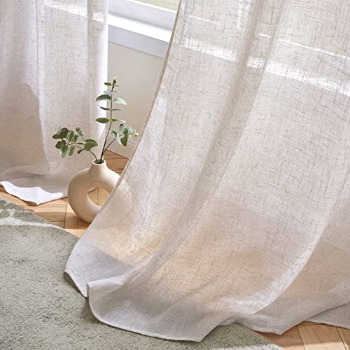 Woaboy Linen Curtains Translucent Net Curtains with Eyelets Modern Decorative for Living Room, Window, Bedroom, 2 Pieces, 140 x 245 cm, White