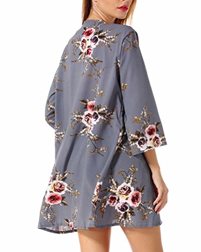 PopStore Women's Floral Print Sheer Kimono Cardigan Capes Chiffon 3/4 Sleeve Patchwork Casual Cover up Blouse Tops