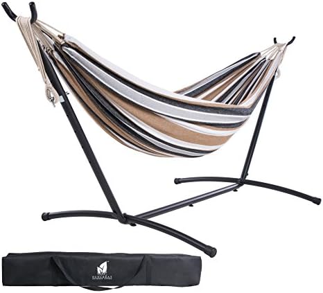 SUNCREAT Double Hammock and Space Saving Steel Stand Includes Portable Carrying Case, Extra Large Hammock for Backyard, Porch, Outdoor and Indoor Use, 10 FT-Desert Stripe