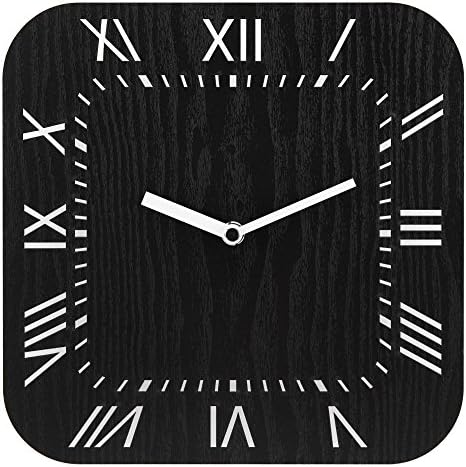 Silent Non-Ticking Wooden Wall Clock Unminuto - Square Roman Numerals (Black)