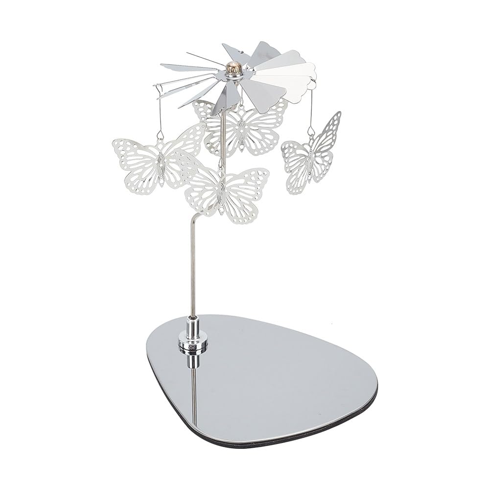 DELORIGIN Spinning Candle Holder with Tray Butterfly Silver Carousel Candle Spinner Windmill Rotating Metal Tea Light Candle Holder Candlestick Ornament for Table Centerpiece Home Party Wedding Decor