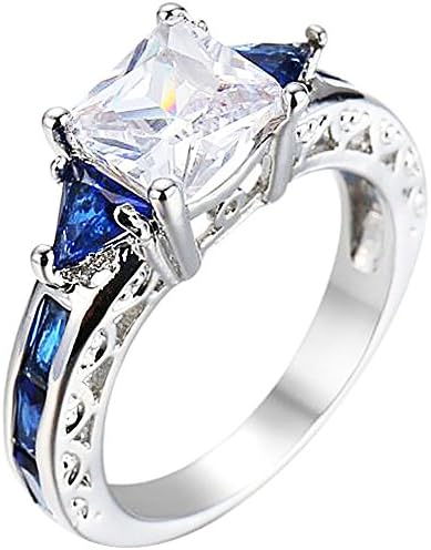 XAHH Women White Gold Plated Square Sapphire Blue Double Tone CZ Bridal Engagement Wedding Ring Size 5-10