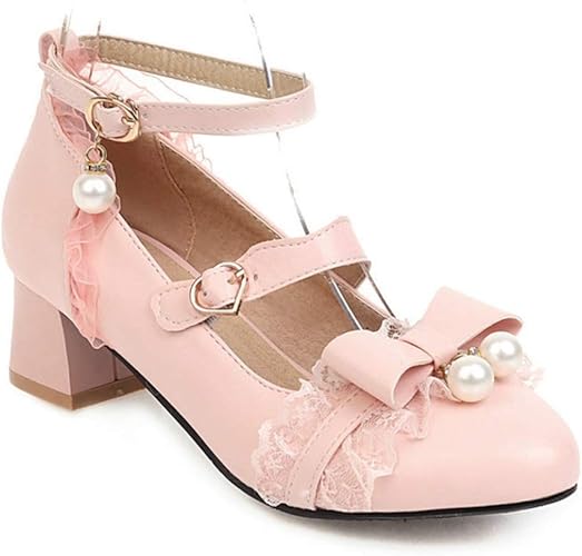 Amazon Wooyoo ロリータ靴 女の子 パンプス パール飾り 可愛い アンクルストラップ レース 太めヒール 4cmアップ お洒落 レディースサンダル 大きいサイズ 防滑 リボン靴 シンプル ホワイト ブラック ピンク Wooyoo バレエシューズ
