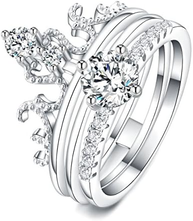 Meidiya 925 Sterling Silver Princess Crown Wedding Engagement Ring Bridal Set (5)
