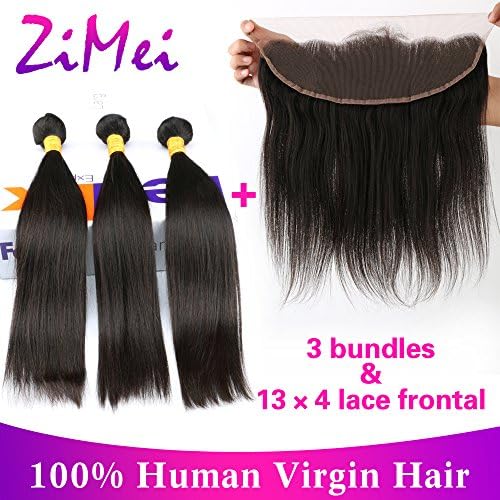 ZiMei 7A Straight Brazilian Virgin Human Hair 3 Bundles with 13X4" Lace Frontal Closure Unprocessed 100% Remy Human Hair Extensions with Free Part Closure with Baby Hair Natural Color 22 24 26 + 20