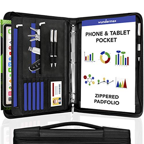 Wundermax Portfolio Padfolio 3 Three Ring Binder Document Organizer Vegan Leather Folder with Handle Legal Size Writing Pad Zipper 10.1 Inch Ipad Case Designer Business Planner for Men Women Black