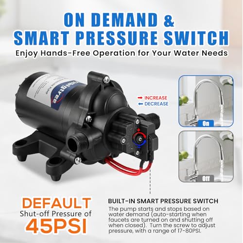 12V DC Self Priming Rv Water Pressure Pump, 3.0GPM 45PSI Quiet Water Diaphragm Pump with Pressure Switch for RV Marine Camping Yacht Boat Trailer Caravan