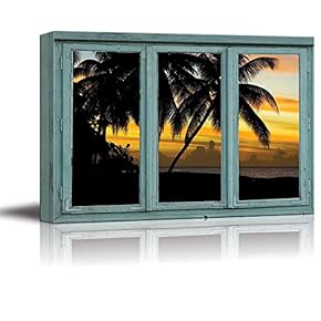 A Lone Palm Tree Angles Towards The Sun on a White Sand Beach on a Tropical Location - Canvas Art Home Art - 24x36 inches