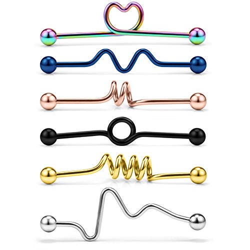 6pcs Industrial Barbell Earring Stainless Steel 14 Gauge Cartilage