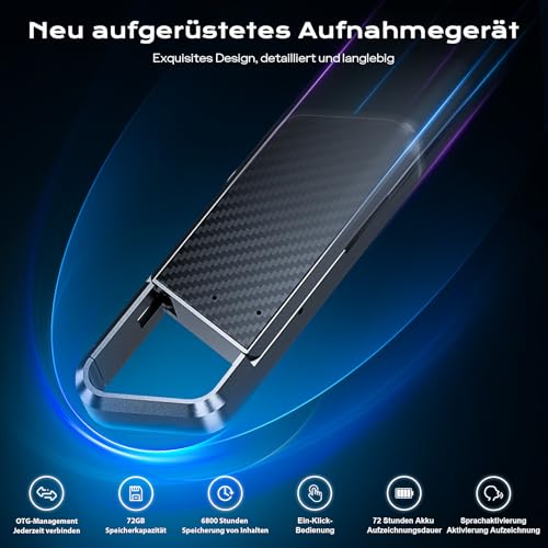 72GB Voice Recorder with Voice Recognition - Recording Device, Mobile Recorder with DSP5.0 OTG Capable, 6800h Content Long Recording Voice Recorder for Meeting/Interview/Lectures