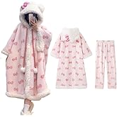 Women's Winter Hooded Flannel Nightgown – Cute Kitty Cartoon Pajama Cape Robe with Pants, Plush Warm Loungewear Set
