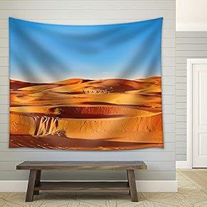 Camel Caravan Going Through The Sand Dunes in The Sahara Desert, Merzouga, Morocco - Fabric Wall Tapestry Home Decor - 51x60 inches