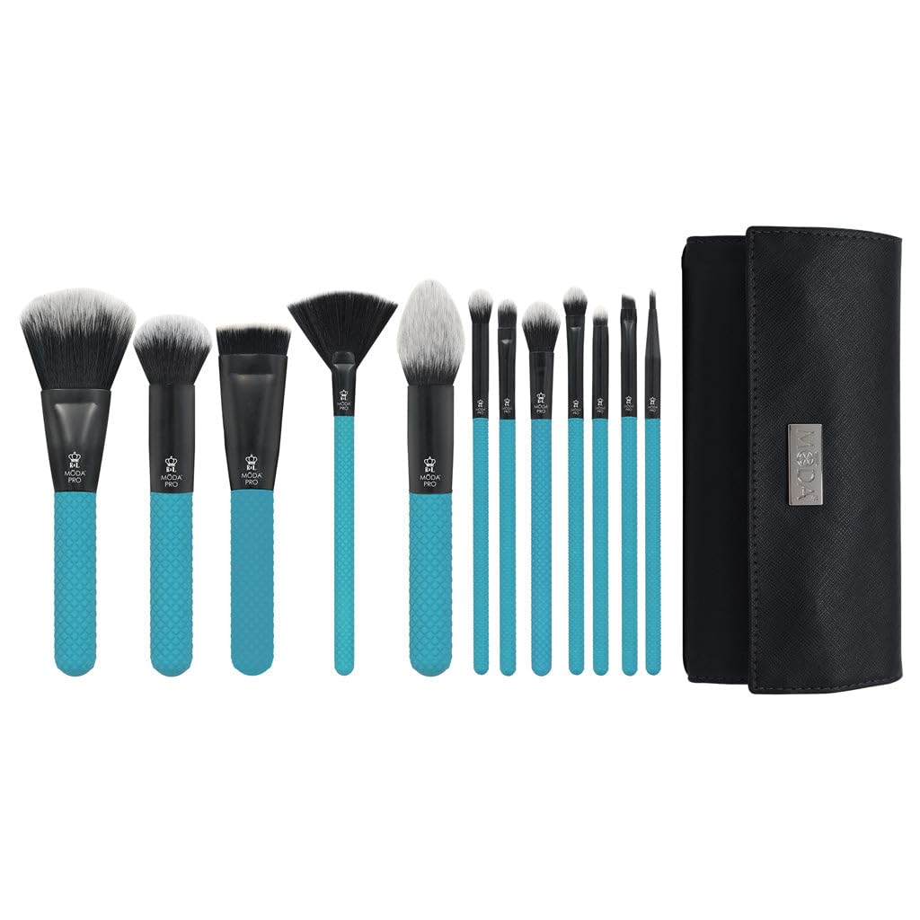 MODA Pro Full Face 13PC Makeup Brush Set with Travel Pouch (Teal)