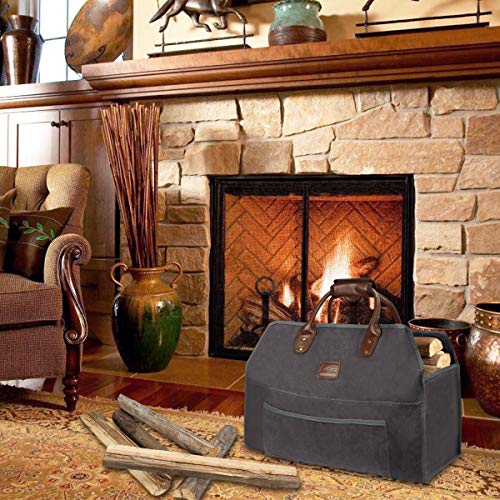 Sunflora Firewood Carrier Tote Bag with Extra Thick Padded Handle for Easy Carrying, Large Water Resistant Log Carrier with Front Pocket for Accessories for Camping, Fireplace Wood Stove (Dark Gray)