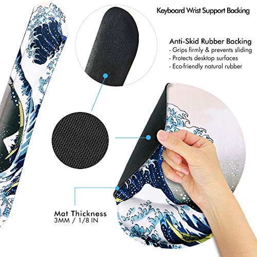 Hokusai The Great Wave Ergonomic Design Mouse Pad with Wrist Rest Hand Support and Keyboard Support. Round Large Mousing Area. Mouse Pad and Keyboard Pad for Laptop, PC Computer & Mac.