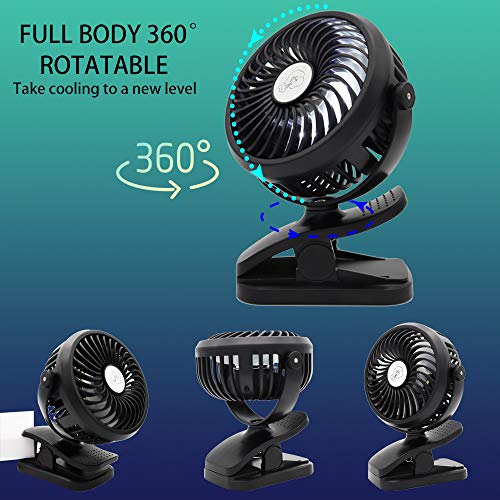 USB Fan, Portable Clip Stroller Fan with Lights, Mini Desk Fan 2200mAh Rechargeable Battery Powered, Cooling Fan with Hanging Hook, 3 Speed 360 Rotation for Baby Pram, Bedside Crib, Office, Camping