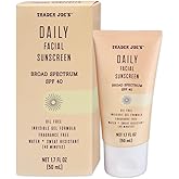 Trader Joe’s Daily Facial Sunscreen Broad Spectrum SPF 40 Oil Free Invisible Gel Formula Fragrance Free Water Sweat Resistant, 1.70 Fl Oz (Pack of 1)