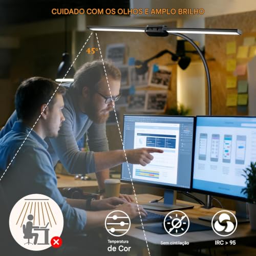 Luminaria de Mesa LED para Escritório e Casa, 5 Cores de Luz, 10 Níveis de Escurecimento, Proteção para os Olhos, USB, para Leitura e Estud